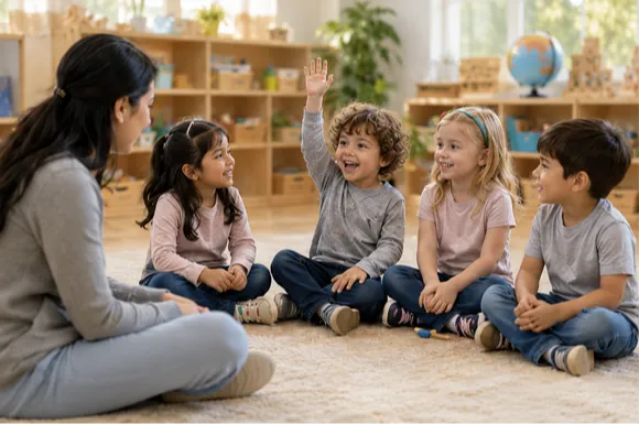 Pre-kindergarten children sitting in circle time with a teacher in a warm, inviting classroom.
