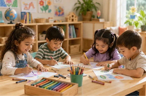 Preschool children drawing and colouring together at a classroom table with art supplies and learning materials.