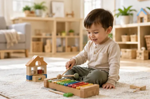 A toddler sitting on a soft rug and playing with wooden toys in a bright, cozy preschool classroom.